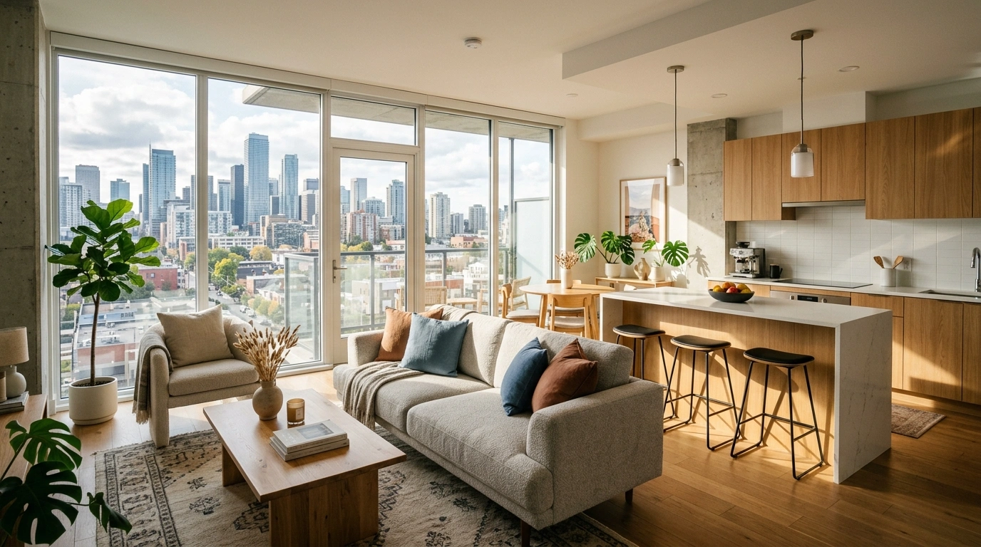 A wide, sunlit interior photograph of a modern open-concept furnished apartment living area and kitchen. Soft sunlight pours through floor-to-ceiling windows overlooking a city skyline. A plush modern sofa, stylish coffee table, and a clean kitchen i